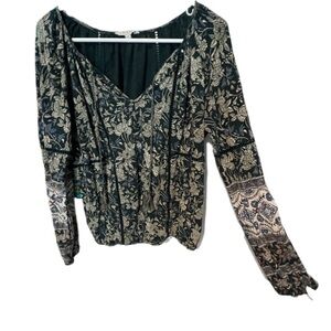 Lucky Brand Green and Cream Floral Blouse